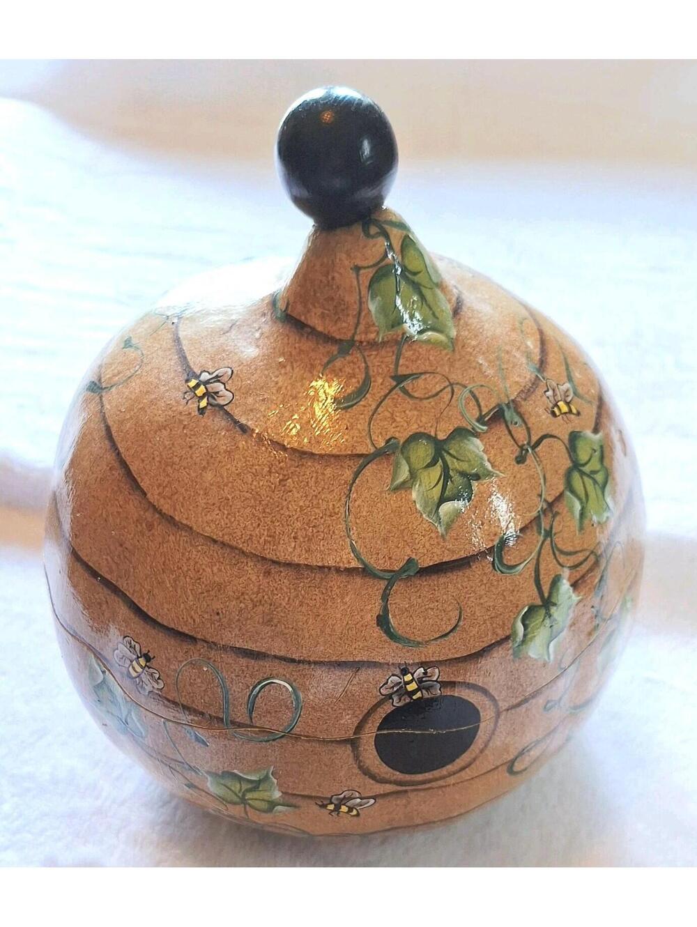 RARE Hand Painted Gourd Birdhouse Beehive Basket Storage with Bee Cloth & Warmer